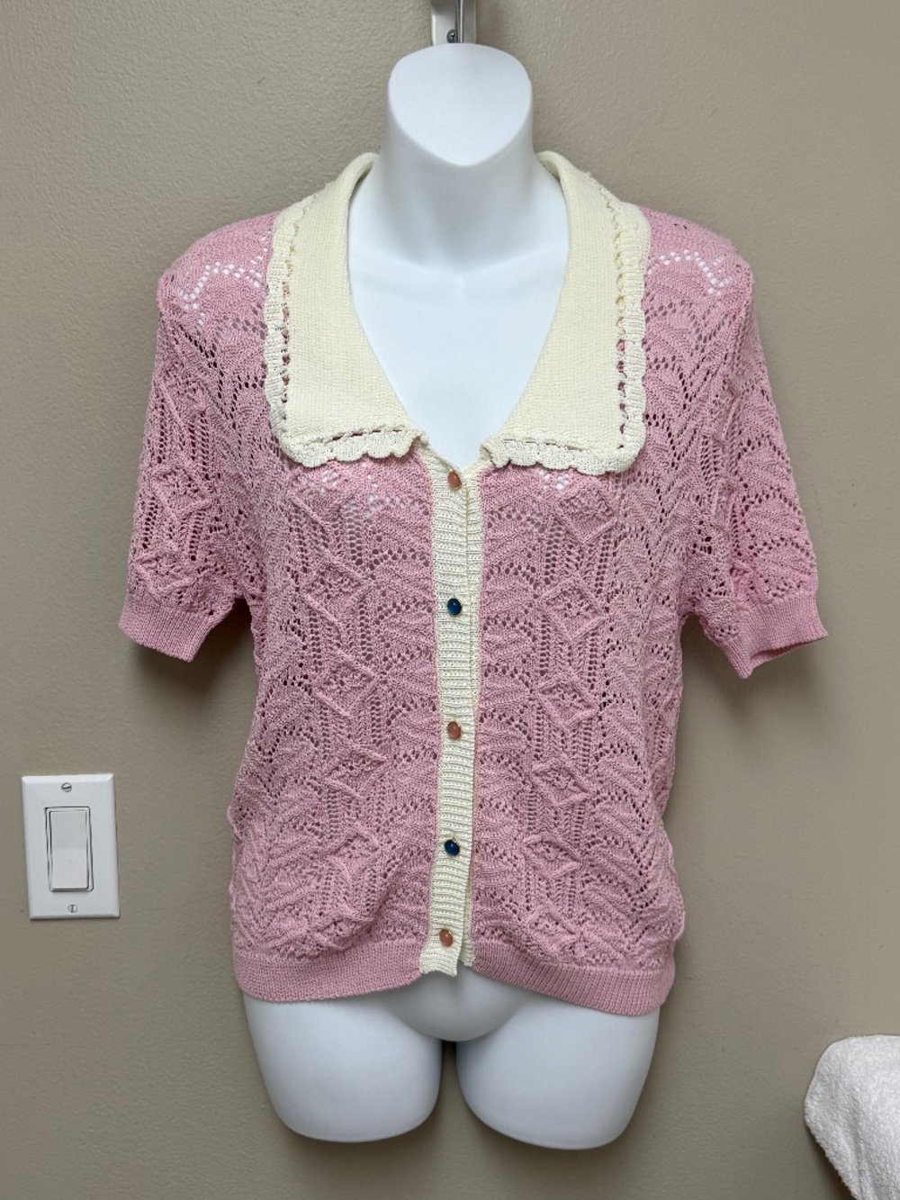 NEW! Forever 21 Pink Collared Short Sleeve Pointelle Knit Cardigan Sweater Small